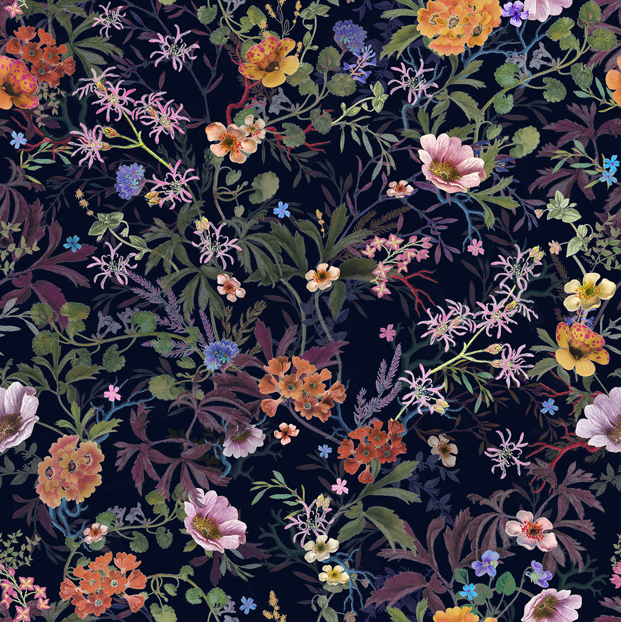 Dark winter botanical floral print for Fiorelli, by Em Prové