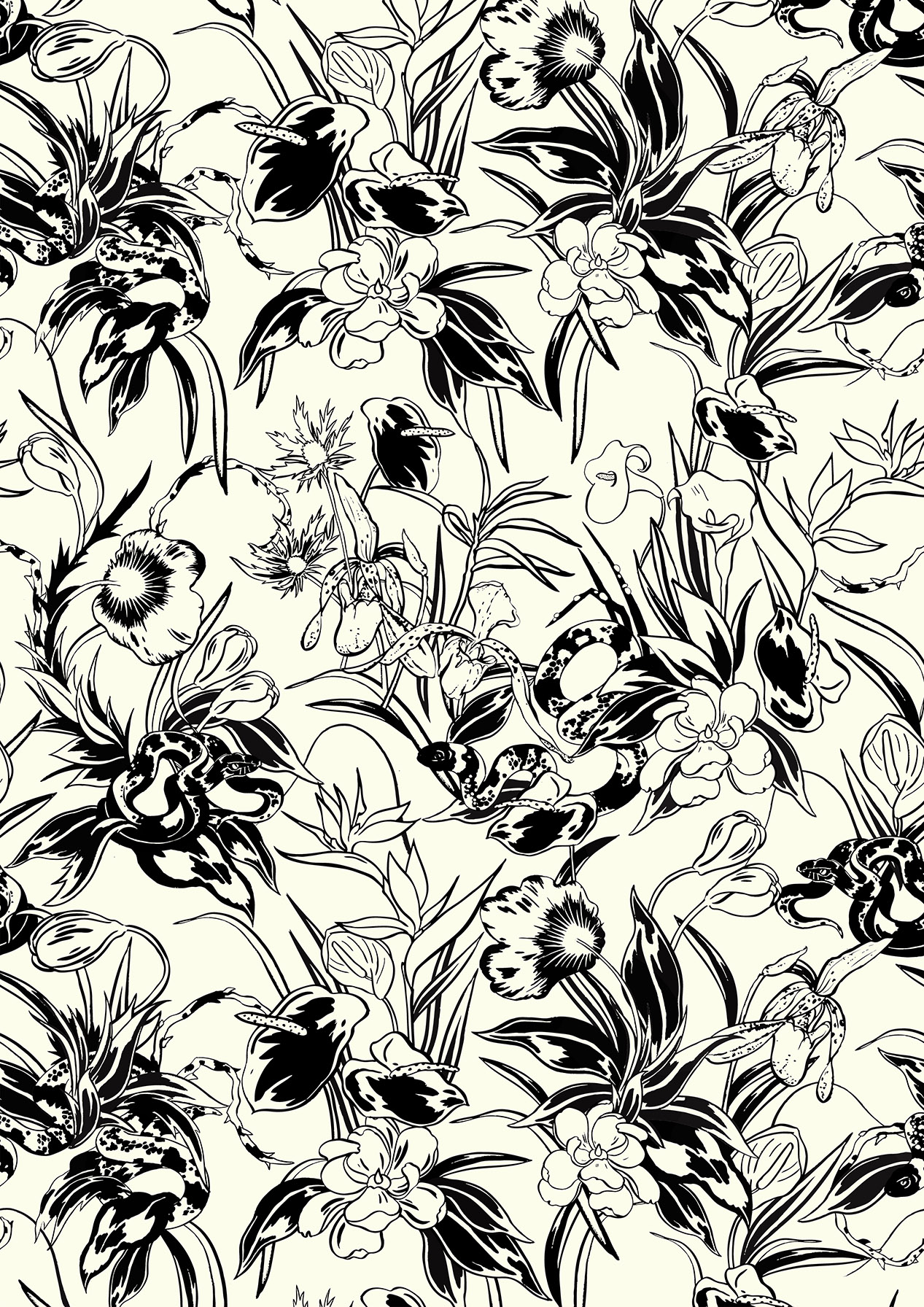All-over pattern, hand drawn by Em Prové for Olivia von Halle's Garden of Earthly Delights Collection
